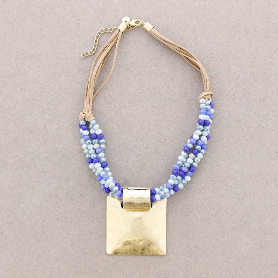 FACETED CRYSTALS NECKLACE METAL SQUARE PENDANT