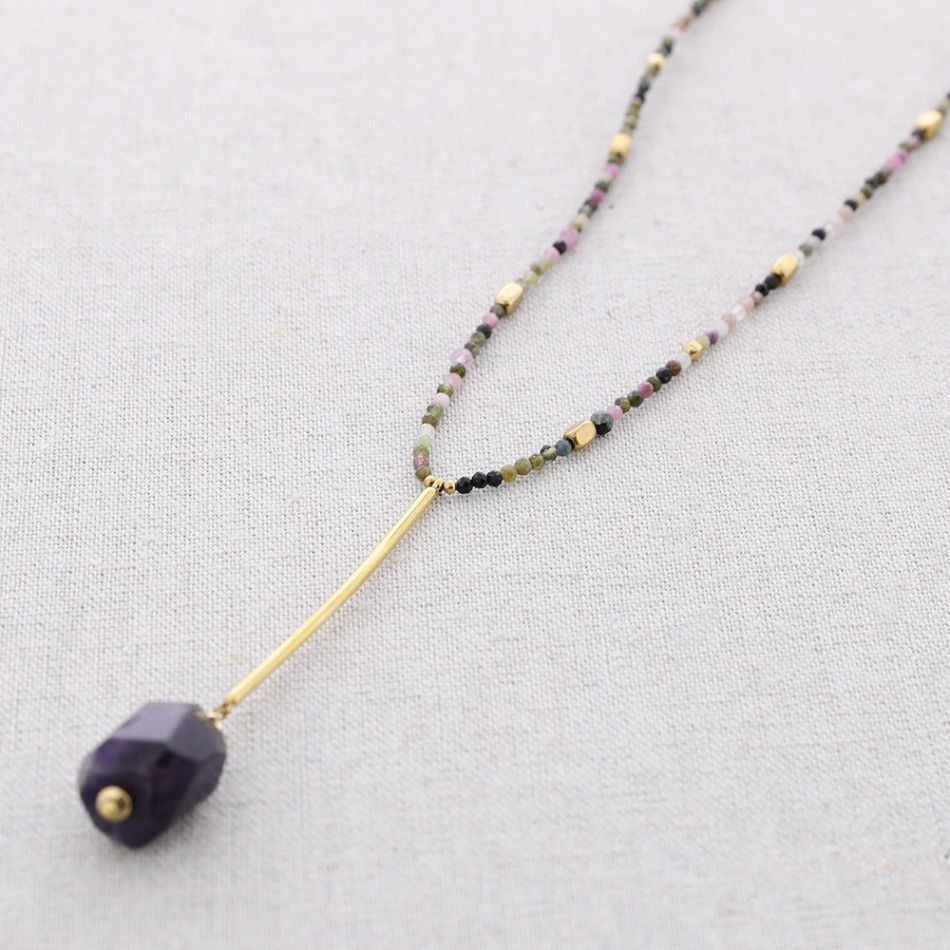 LONG STEEL STONES PENDANT NECKLACE