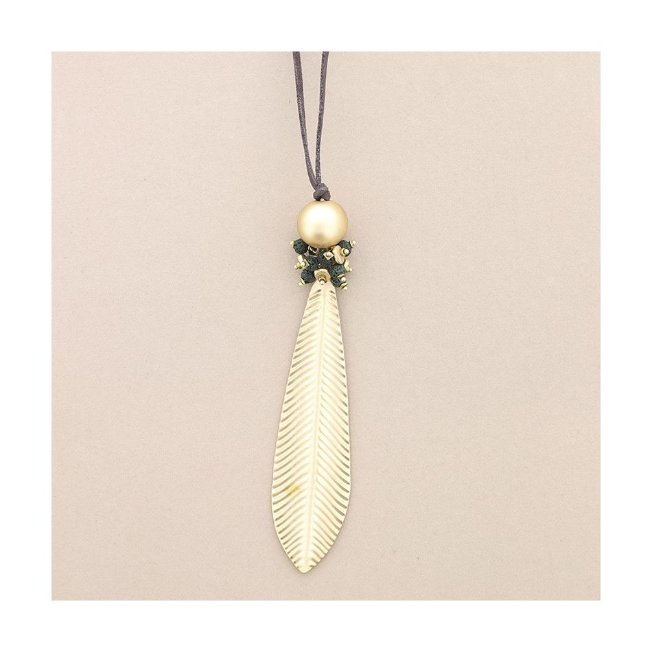 COLLAR LARGO COLGANTE CUENTAS LAVAS HOJA METAL