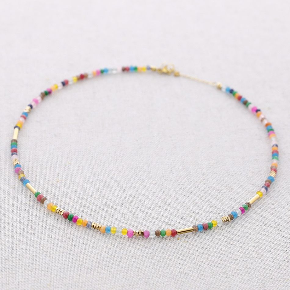 STEEL NECKLACE WITH COLORED FACETED STONES