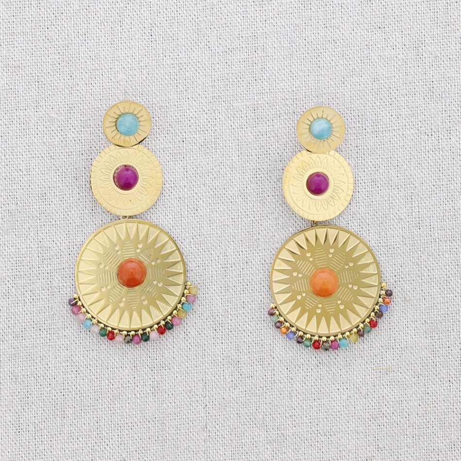 ETHNIC STEEL EARRINGS STONE PENDANTS