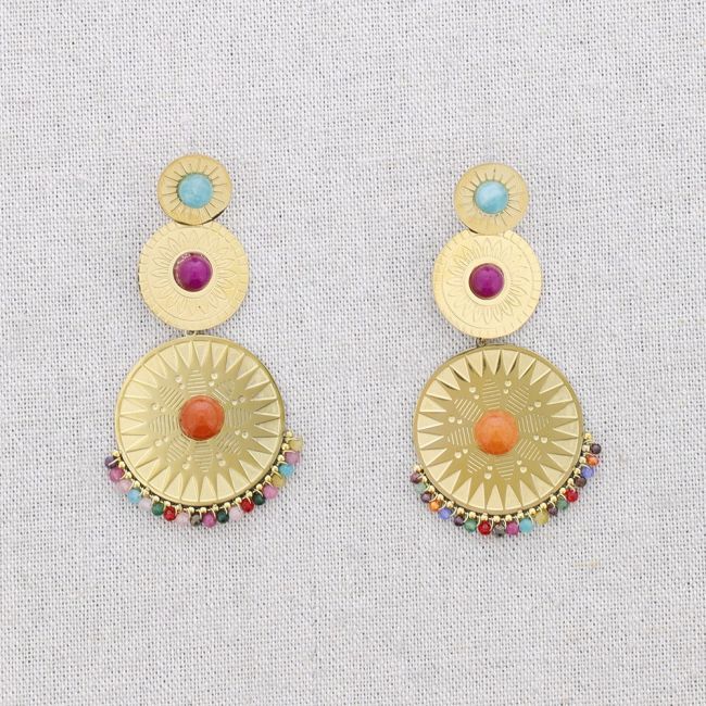 ETHNIC STEEL EARRINGS STONE PENDANTS