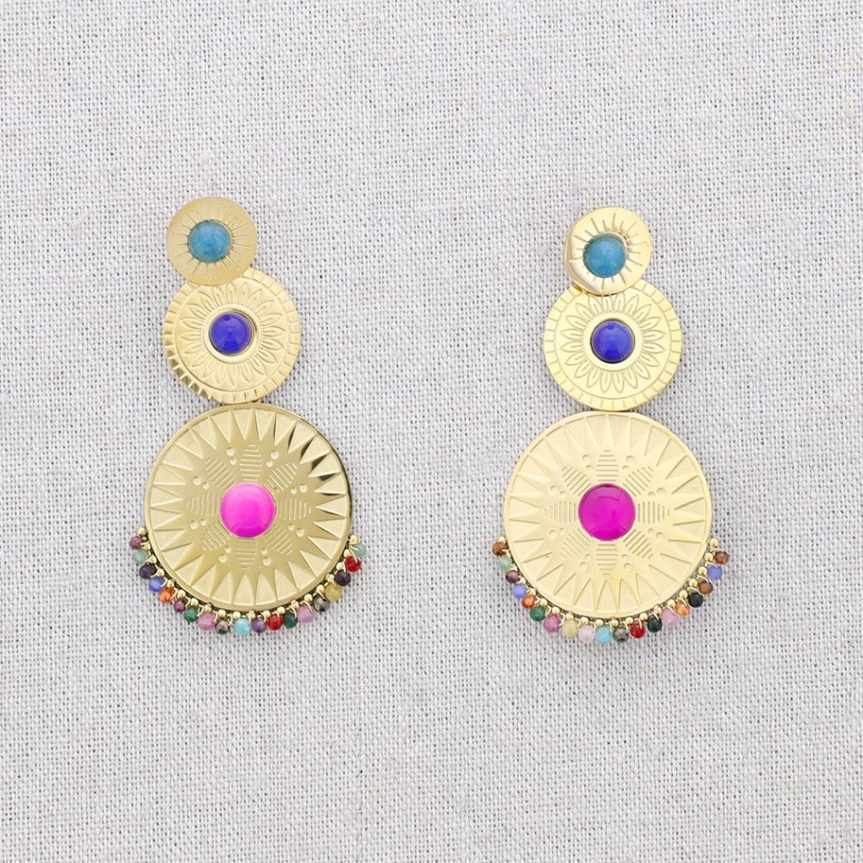 ETHNIC STEEL EARRINGS STONE PENDANTS