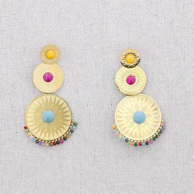 ETHNIC STEEL EARRINGS STONE PENDANTS