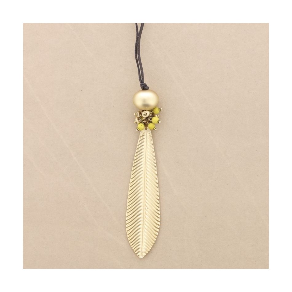 METAL LEAF LAVA BEADS PENDANT LONG NECKLACE