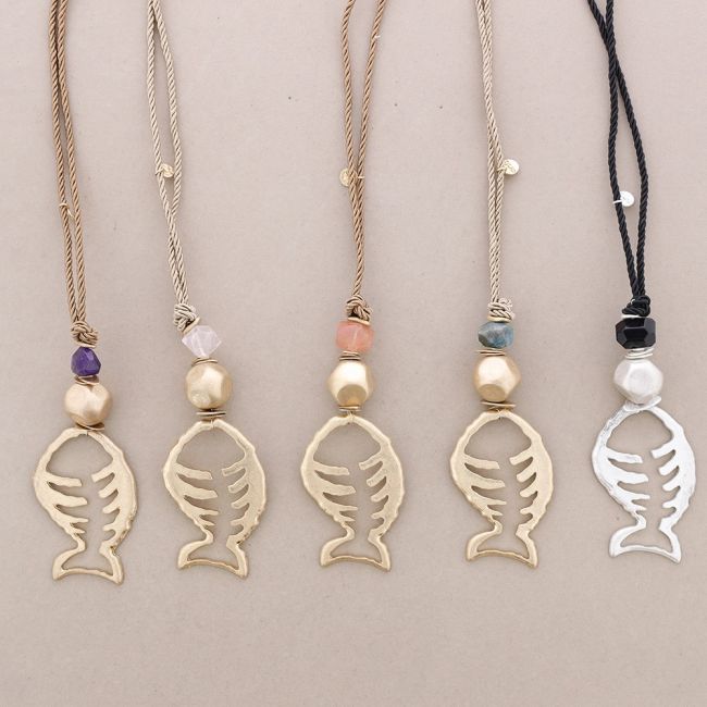 LONG NECKLACE METAL STONE FISH PENDANT