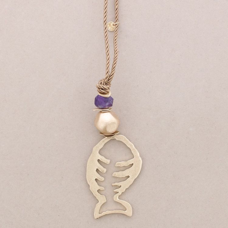 LONG NECKLACE METAL STONE FISH PENDANT