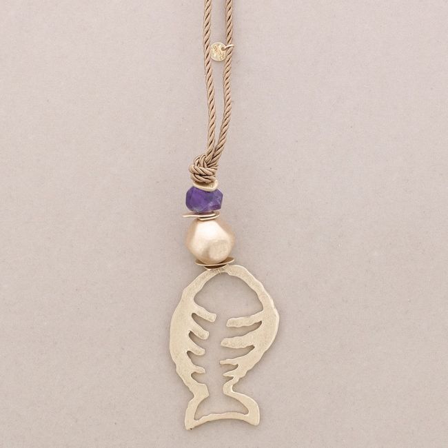 LONG NECKLACE METAL STONE FISH PENDANT