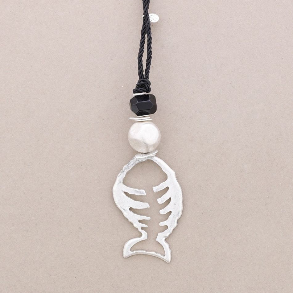 COLLAR LARGO COLGANTE PEZ METAL PIEDRA