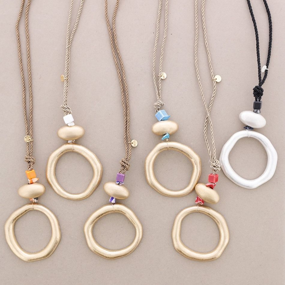 LONG NECKLACE METAL CIRCLE PENDANT CERAMIC BEAD