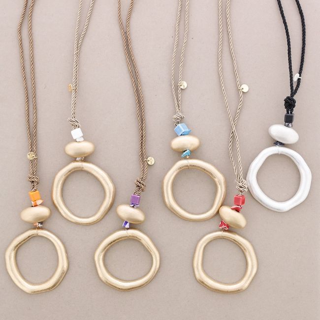 LONG NECKLACE METAL CIRCLE PENDANT CERAMIC BEAD