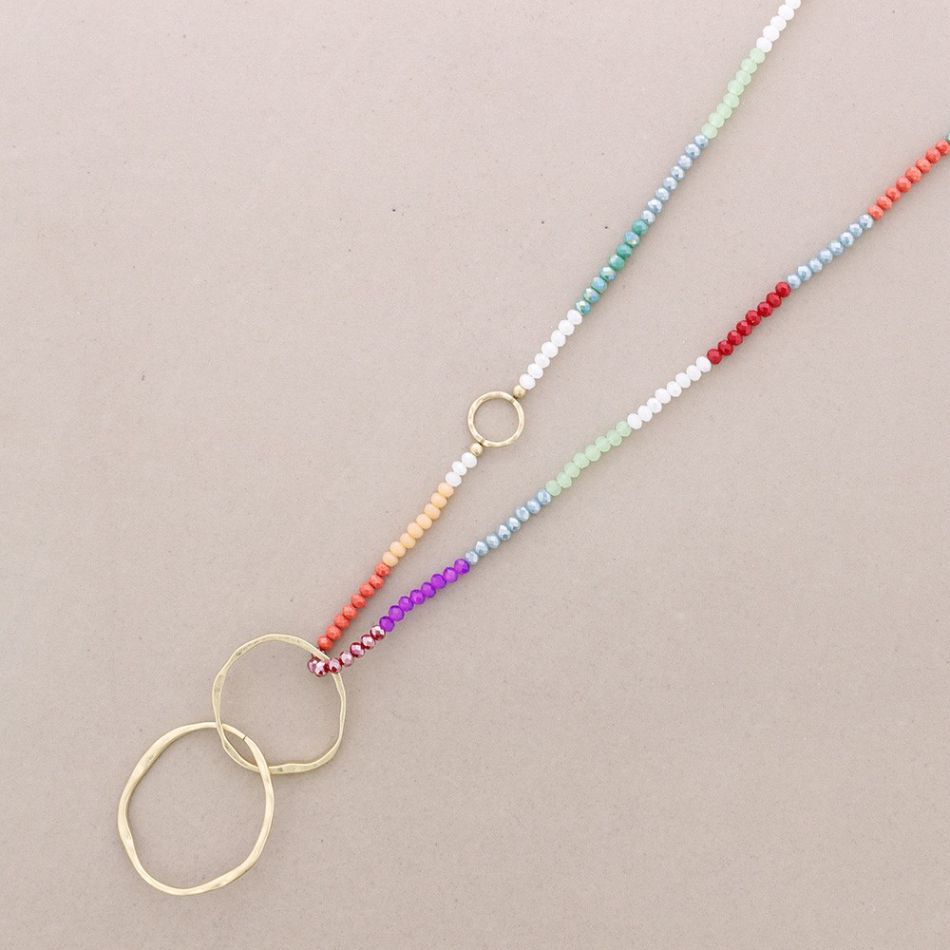LONG NECKLACE WITH FACETED CRYSTALS METAL LINK PENDANT