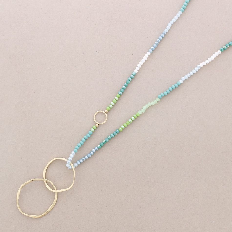 LONG NECKLACE WITH FACETED CRYSTALS METAL LINK PENDANT