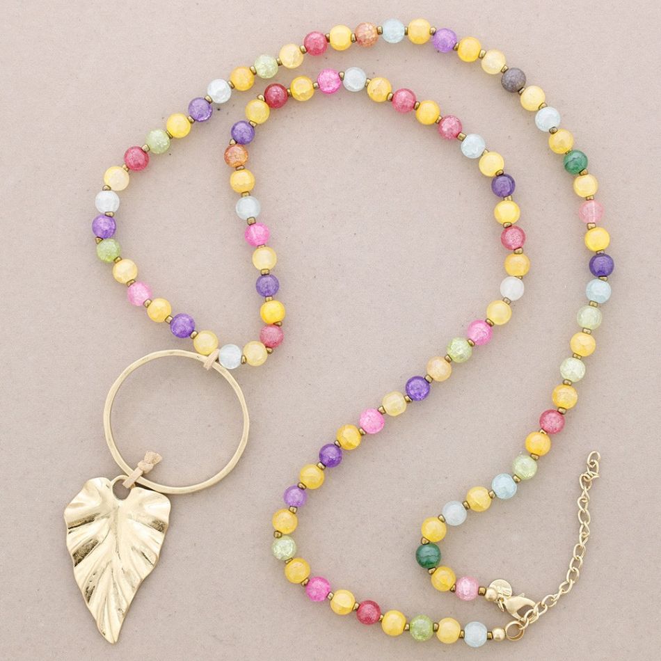 LONG CRYSTAL NECKLACE CIRCLE LEAF PENDANT