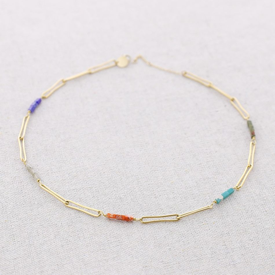 STEEL NECKLACE RECTANGULAR RINGS WITH STONES