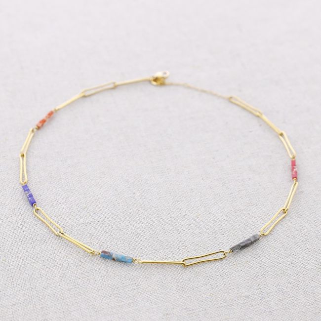 STEEL NECKLACE RECTANGULAR RINGS WITH STONES