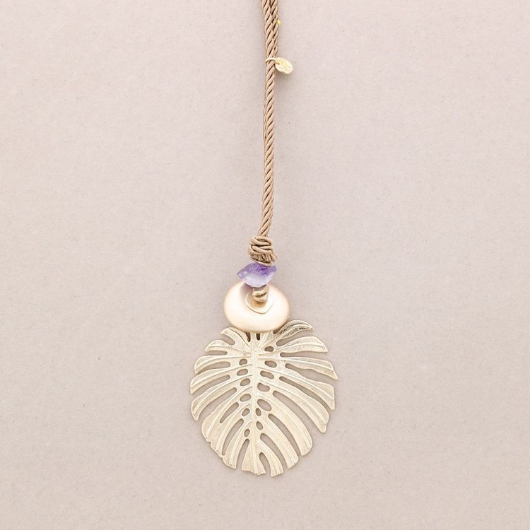LONG PENDANT NECKLACE CHEESE PLANT LEAF METAL STONE