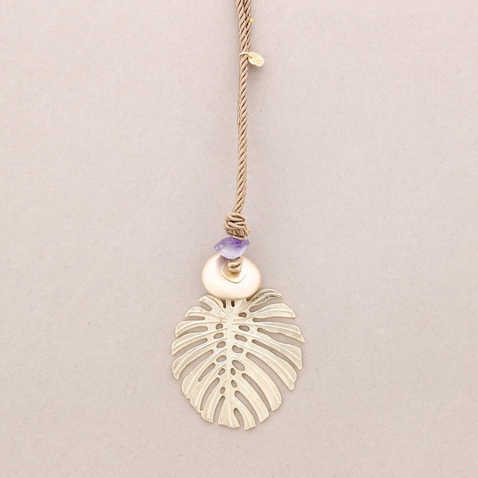 LONG PENDANT NECKLACE CHEESE PLANT LEAF METAL STONE