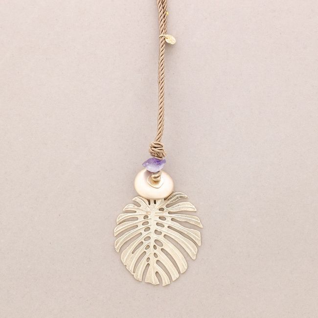 LONG PENDANT NECKLACE CHEESE PLANT LEAF METAL STONE