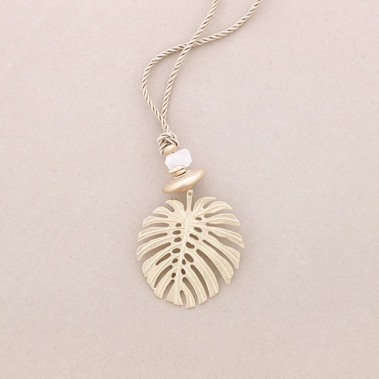 LONG PENDANT NECKLACE CHEESE PLANT LEAF METAL STONE 2