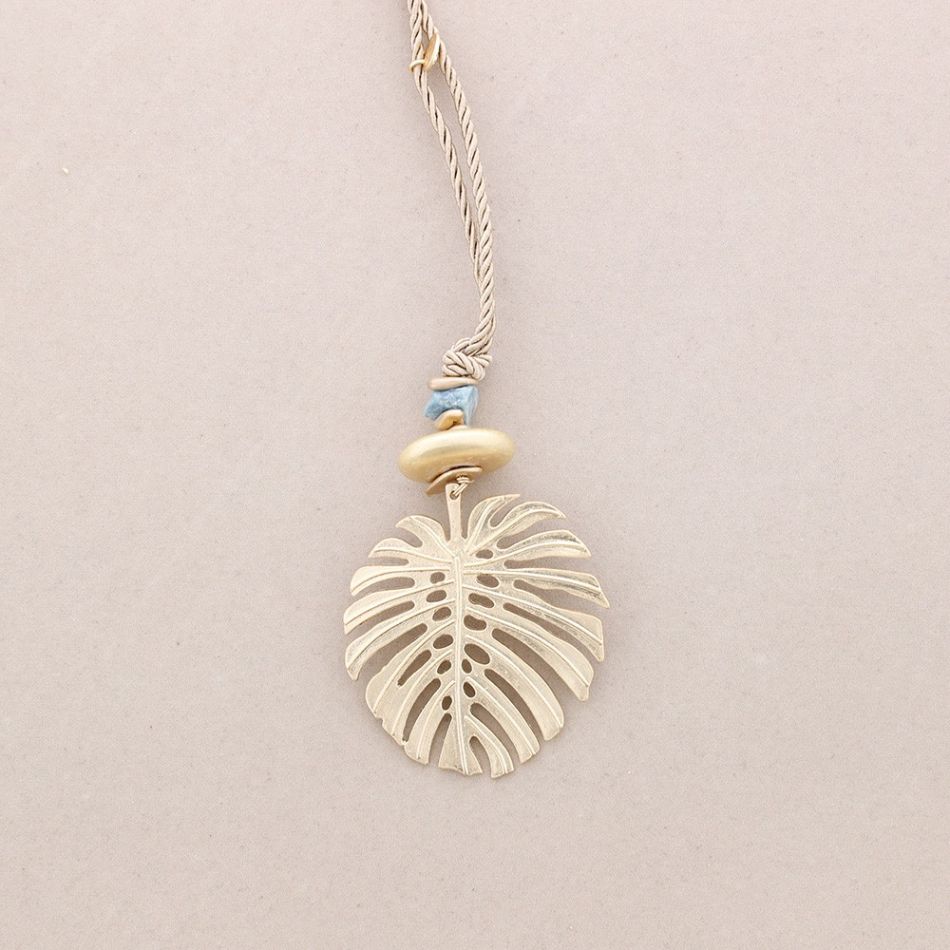 LONG PENDANT NECKLACE CHEESE PLANT LEAF METAL STONE