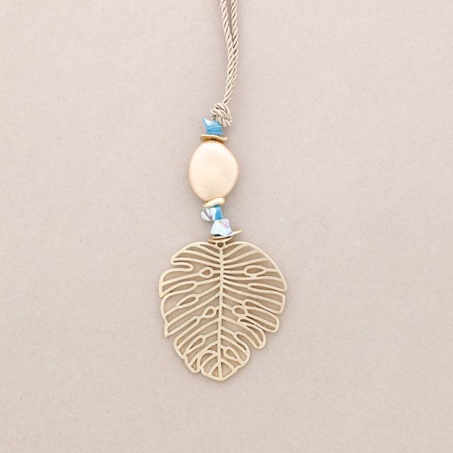 LONG PENDANT NECKLACE LEAF OPENWORK WITH NACRE BEADS