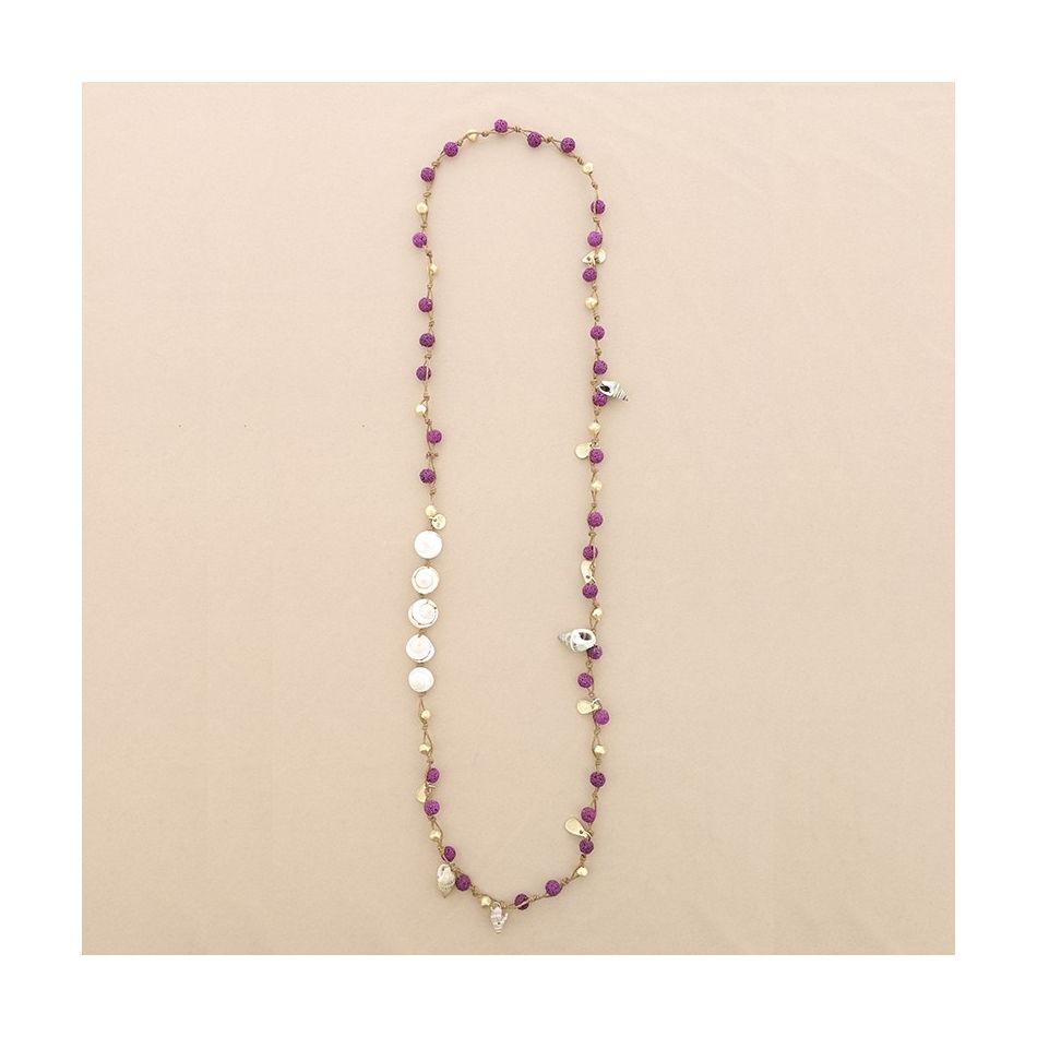 LONG NECKLACE BRAIDED LAVA BEADS METAL PENDANTS