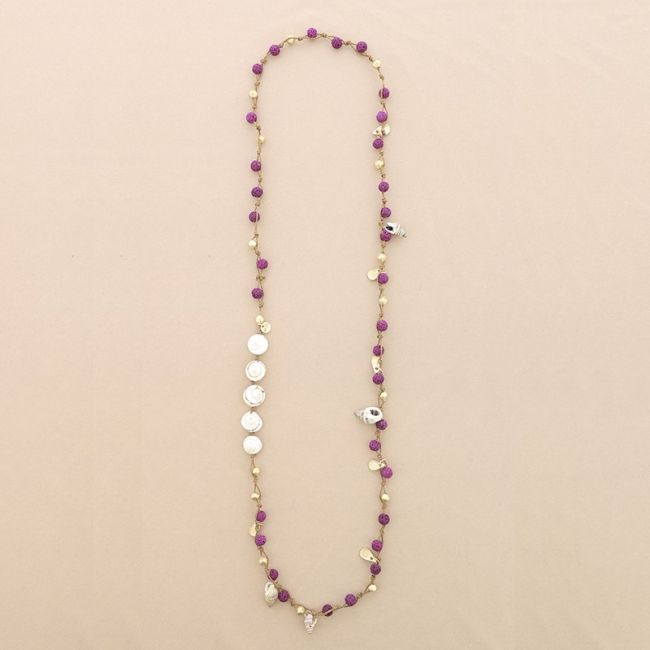 LONG NECKLACE BRAIDED LAVA BEADS METAL PENDANTS