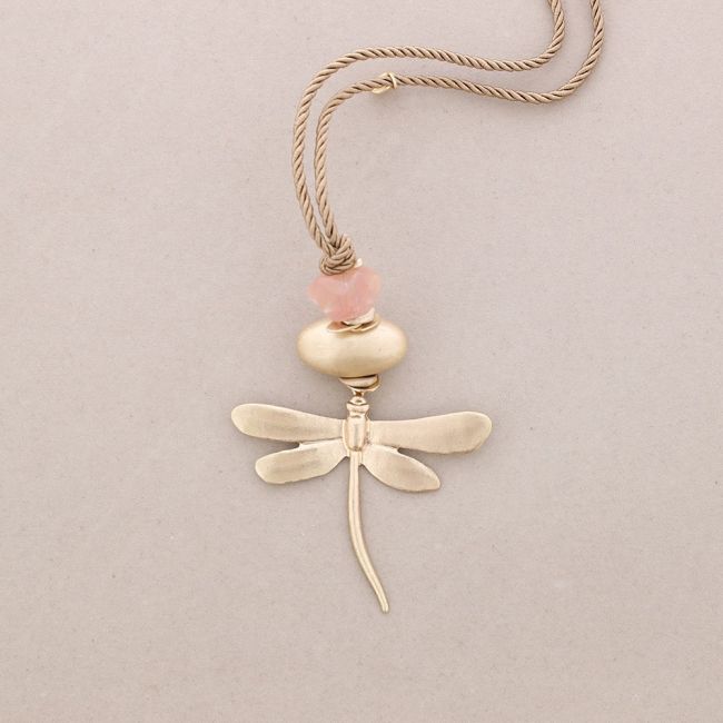 LONG METAL STONE DRAGONFLY PENDANT NECKLACE