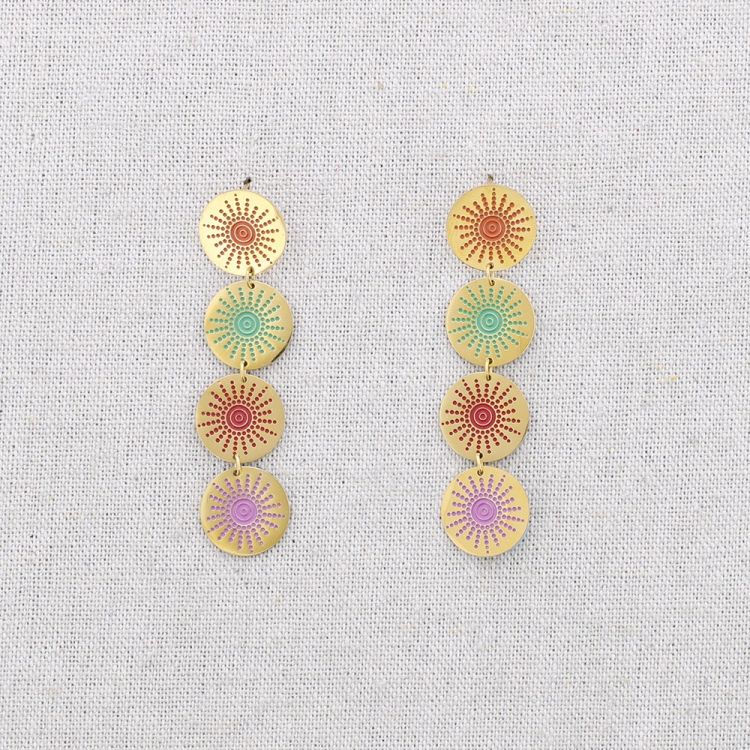 STEEL EARRINGS FOUR LITTLE SUN ENAMEL MEDALS
