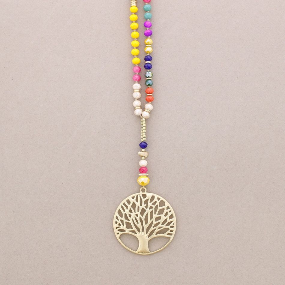 COLLAR LARGO CRISTALES FACETADOS COLGANTE MEDALLA ÁRBOL