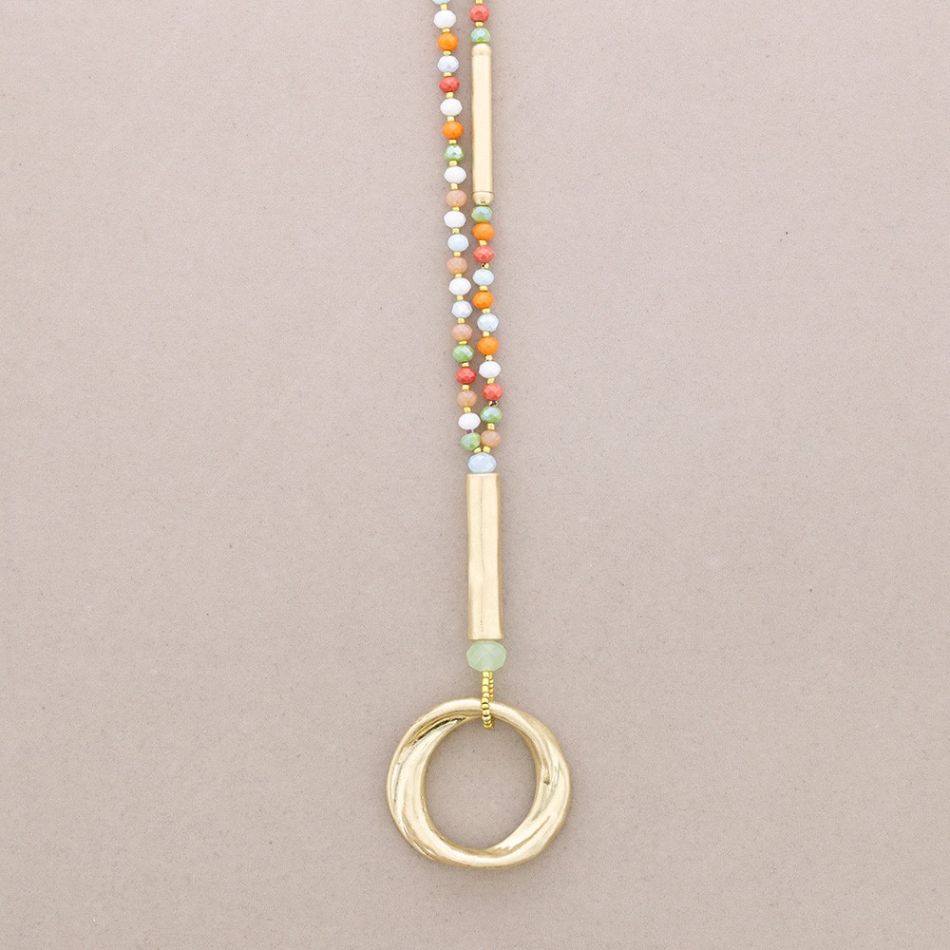 LONG NECKLACE WITH FACETED CRYSTALS METAL CIRCLE PENDANT