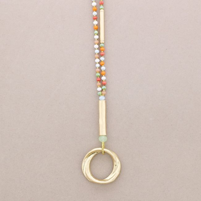 LONG NECKLACE WITH FACETED CRYSTALS METAL CIRCLE PENDANT