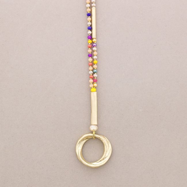 LONG NECKLACE WITH FACETED CRYSTALS METAL CIRCLE PENDANT