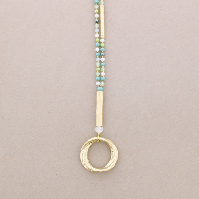LONG NECKLACE WITH FACETED CRYSTALS METAL CIRCLE PENDANT