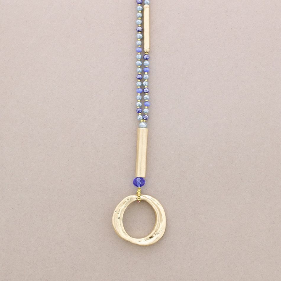 LONG NECKLACE WITH FACETED CRYSTALS METAL CIRCLE PENDANT