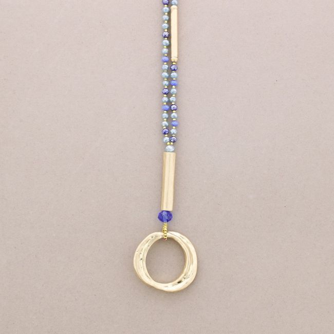 LONG NECKLACE WITH FACETED CRYSTALS METAL CIRCLE PENDANT