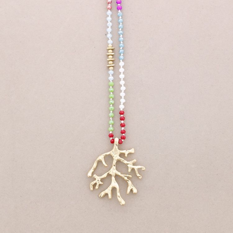 LONG NECKLACE WITH FACETED CRYSTALS METAL CORAL PENDANT