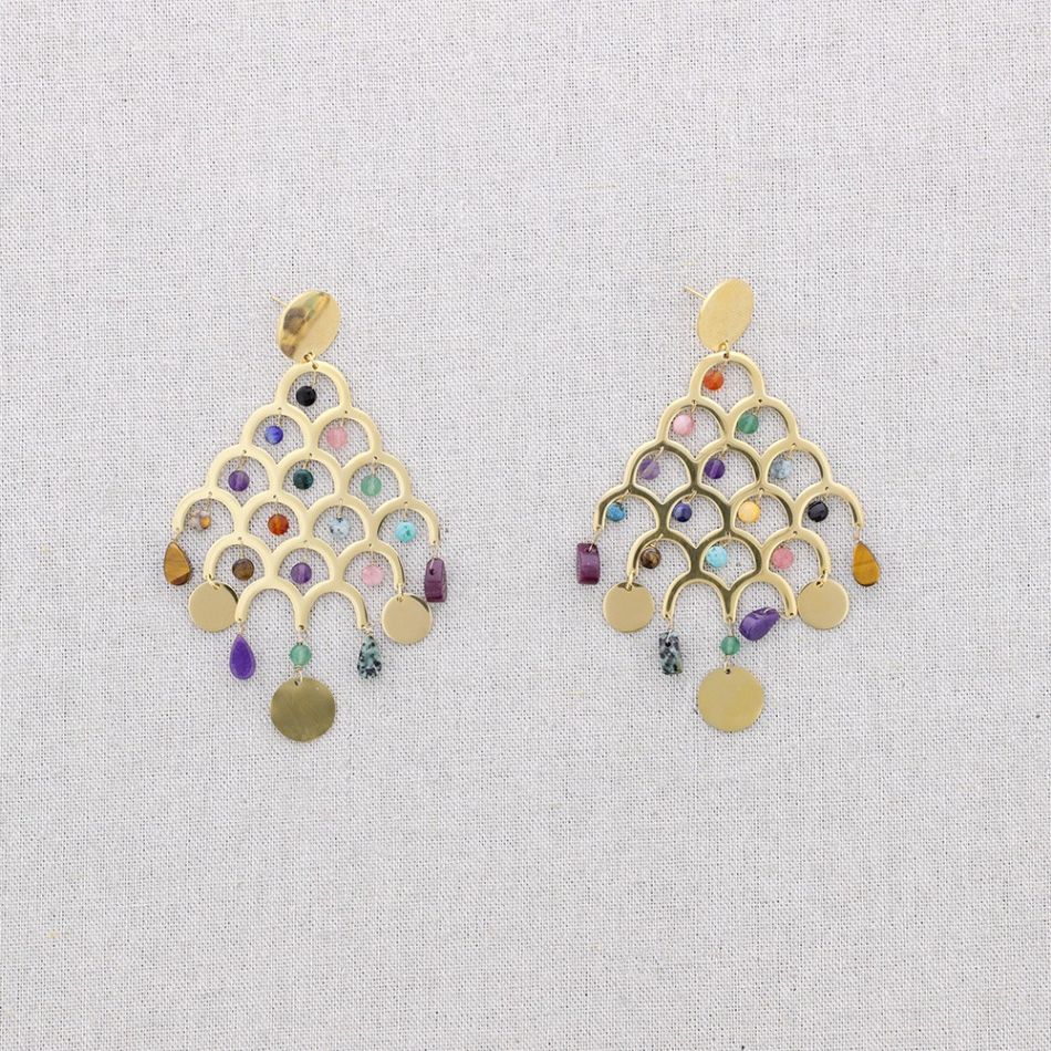 TREE SHAPE STONES STEEL EARRINGS