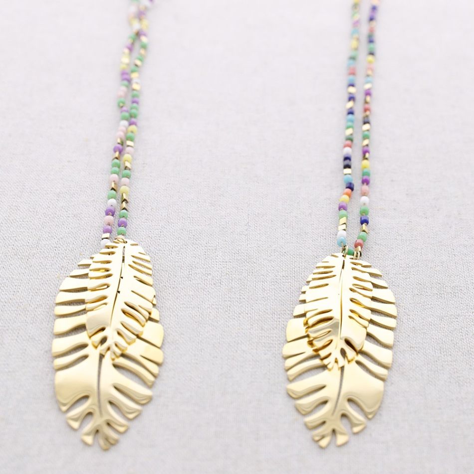 COLLAR LARGO NUDOS PIEDRAS COLGANTE DOBLE HOJA ACERO