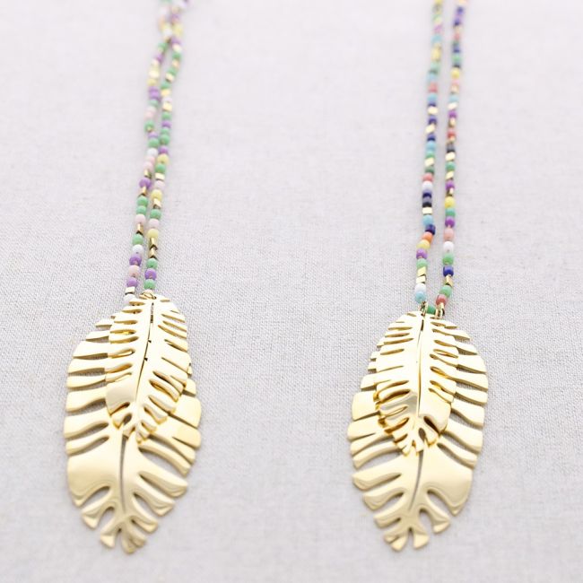 COLLAR LARGO NUDOS PIEDRAS COLGANTE DOBLE HOJA ACERO