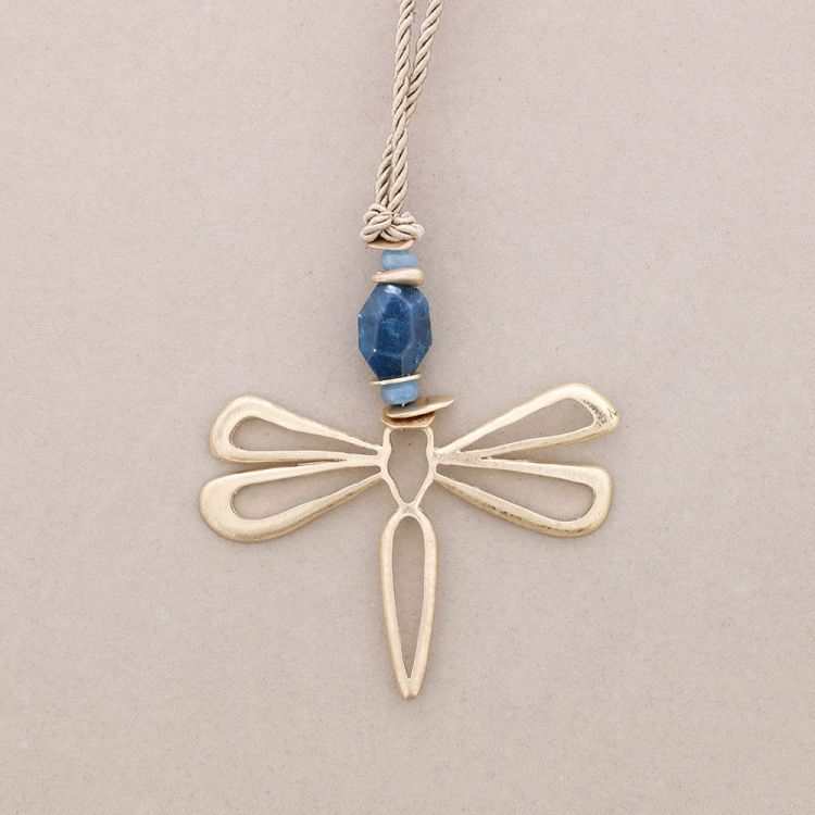 LONG METAL STONE DRAGONFLY PENDANT NECKLACE