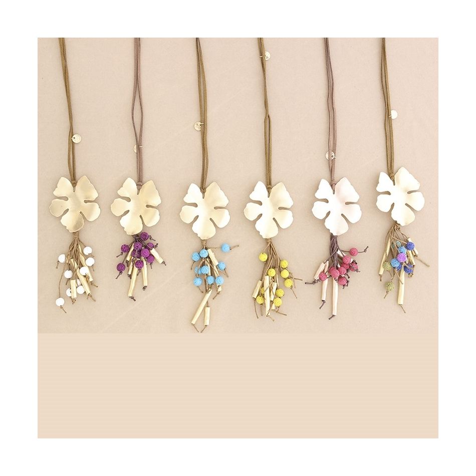 LONG NECKLACE PENDANT FLOWER METAL PENDANT LAVA BEADS