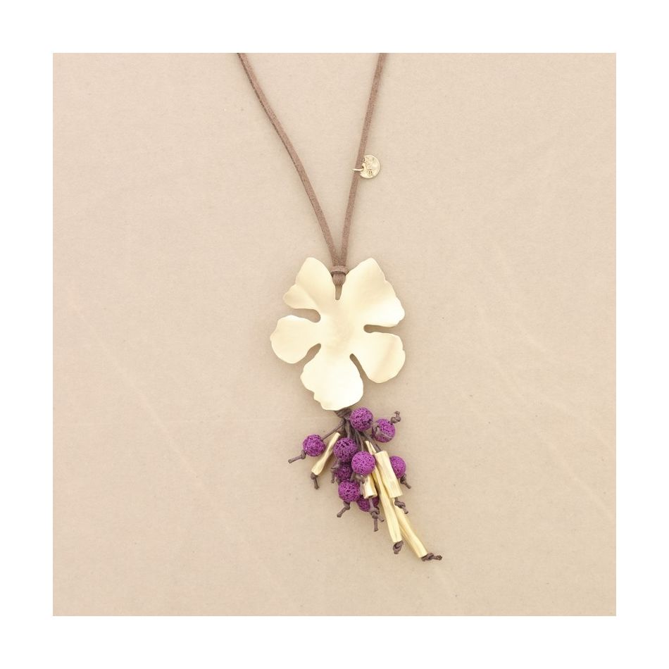 LONG NECKLACE PENDANT FLOWER METAL PENDANT LAVA BEADS