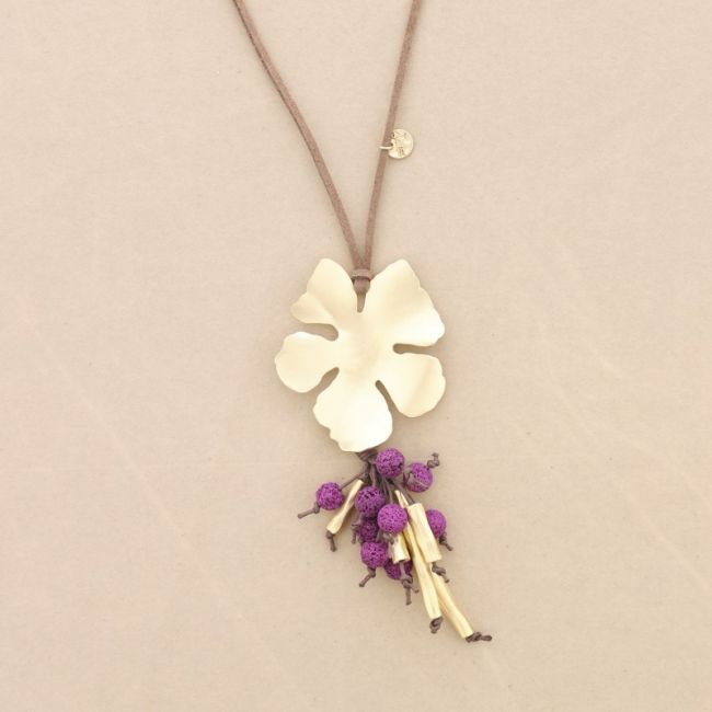 LONG NECKLACE PENDANT FLOWER METAL PENDANT LAVA BEADS