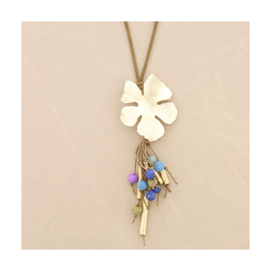 COLLAR LARGO COLGANTE FLOR METAL COLGANTE CUENTAS LAVAS