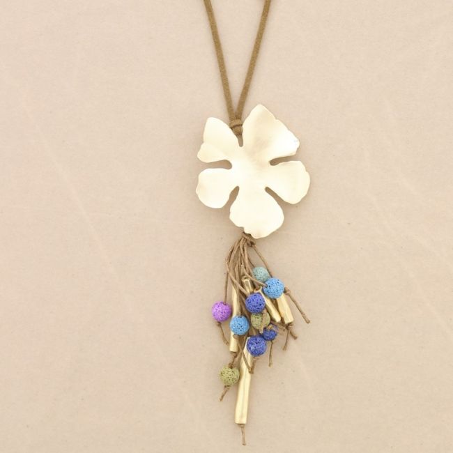 LONG NECKLACE PENDANT FLOWER METAL PENDANT LAVA BEADS