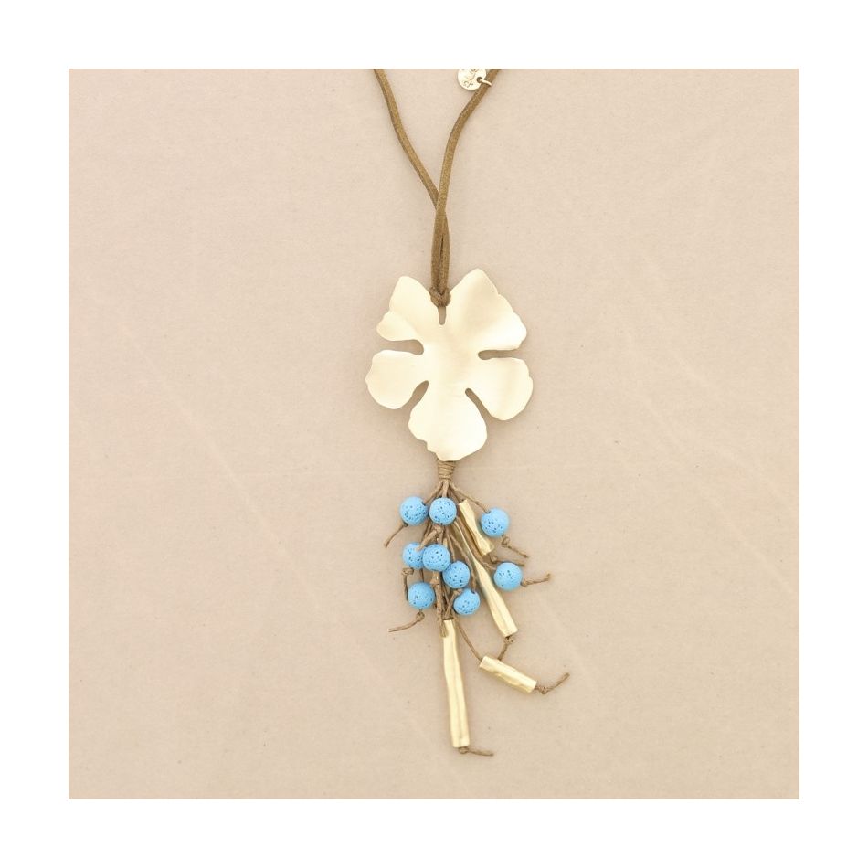 COLLAR LARGO COLGANTE FLOR METAL COLGANTE CUENTAS LAVAS