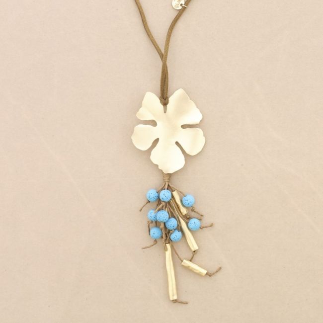 COLLAR LARGO COLGANTE FLOR METAL COLGANTE CUENTAS LAVAS