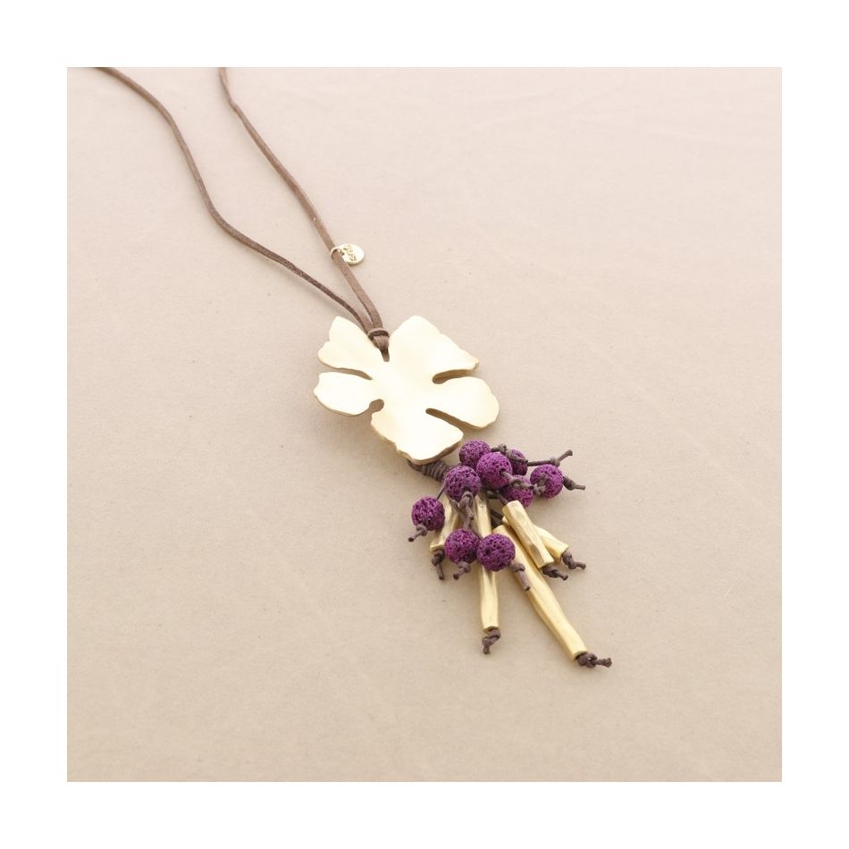 LONG NECKLACE PENDANT FLOWER METAL PENDANT LAVA BEADS
